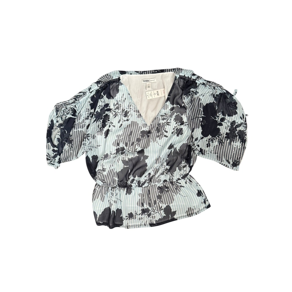 WHBM Outlet Women's Floral Kimono Top Blue Black Striped‎ Blouse Size S NEW NWT